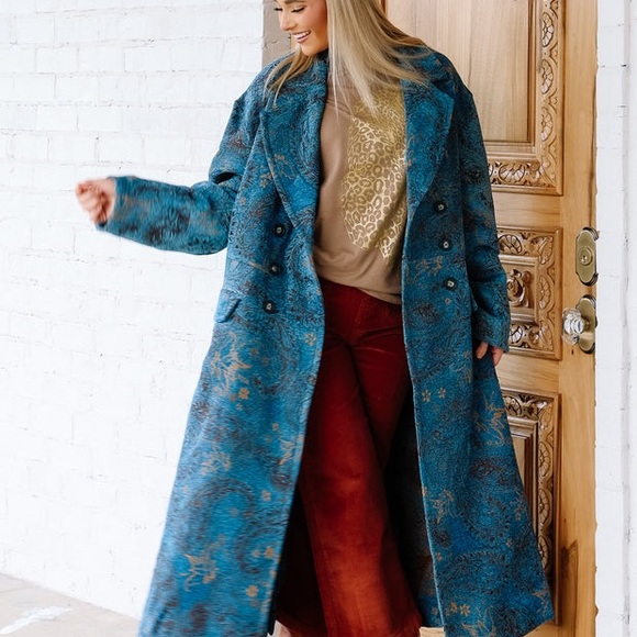 Free People Large Teal and Gold Long Coat - Picture 2 of 10